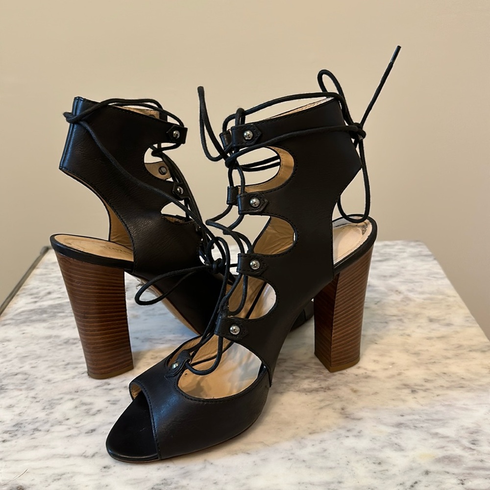 RIGIARANCIG Moto Booty Lace Up Heeled Sandals Real Leather